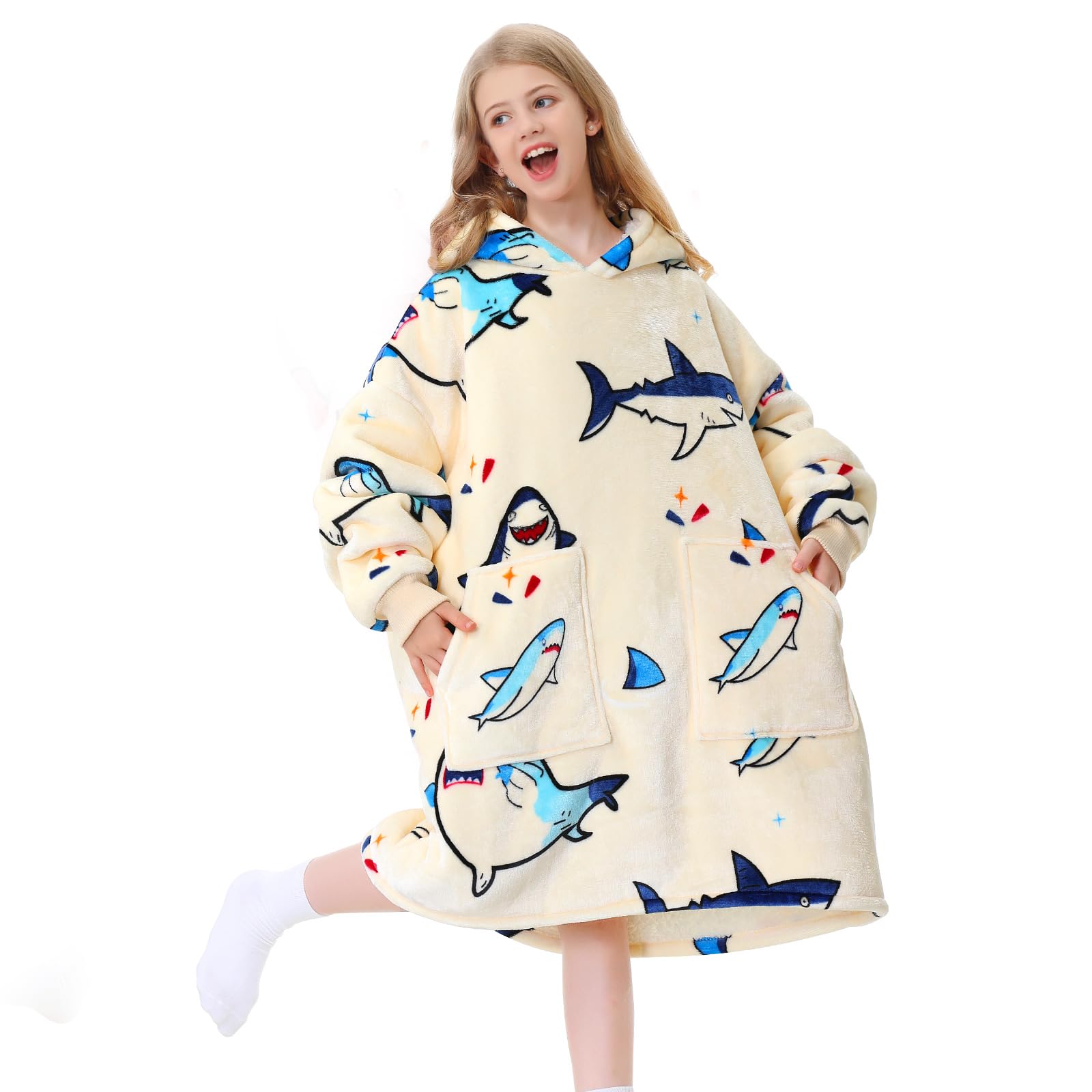 Aemicion Wearable Blanket Hoodie For Kids,Sherpa Patterns Oversized Sweatshirt Shark Blanket With Pocket Girl Boy Gifts For Birt