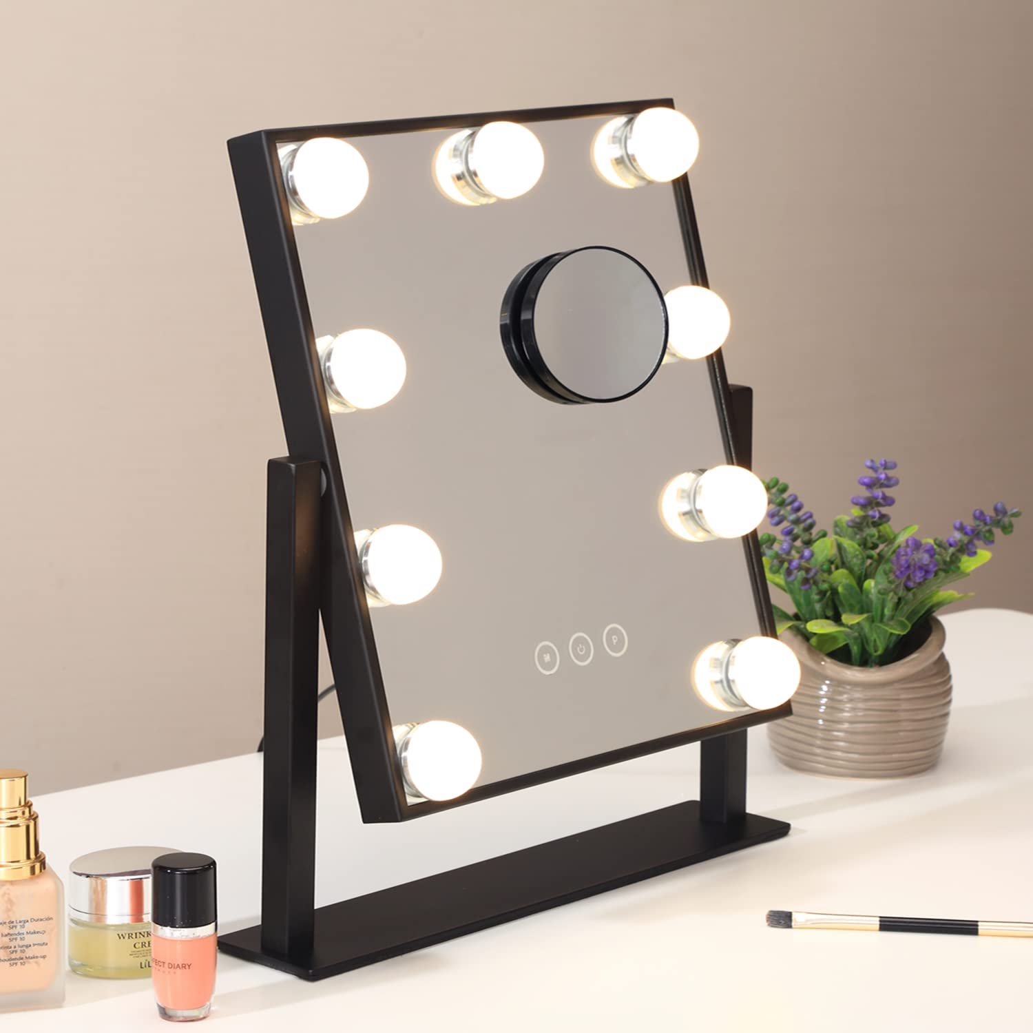 NUSVAN Vanity Mirror with Lights,Makeup Mirror with Lights with 9 Dimmable LED Bulbs, 3 Color Lighting Modes Detachable 10X Magn