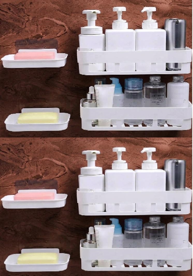 Impexzon SelfAdhesive WallMounted Bathroom Shelf Organiser, 2 Rectangular Shelves And 2 Soap Dish Holders, Waterproof, RustFr