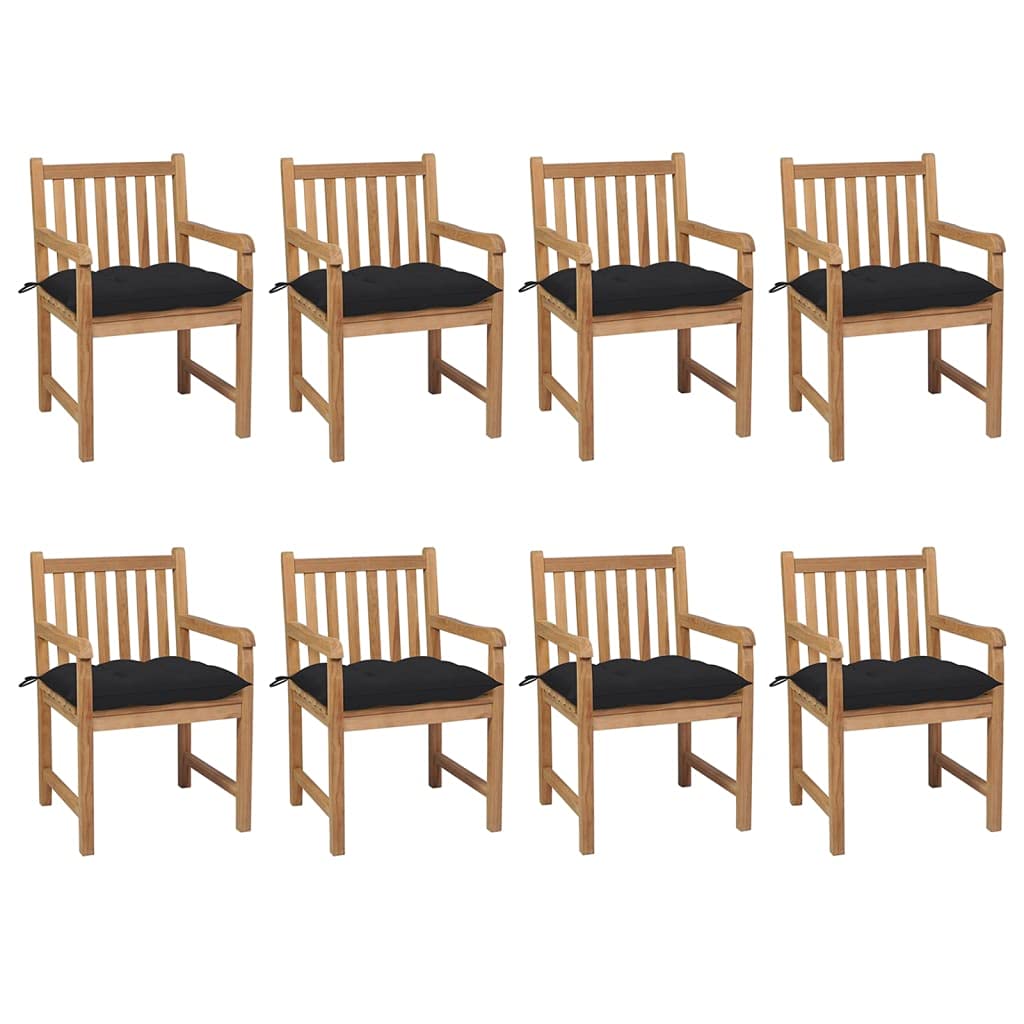 Vidaxl 8X Solid Teak Wood Patio Chairs Garden Outdoor Terrance Backyard Furniture Wooden Armchair Seating Chair Seat With Black Cushions