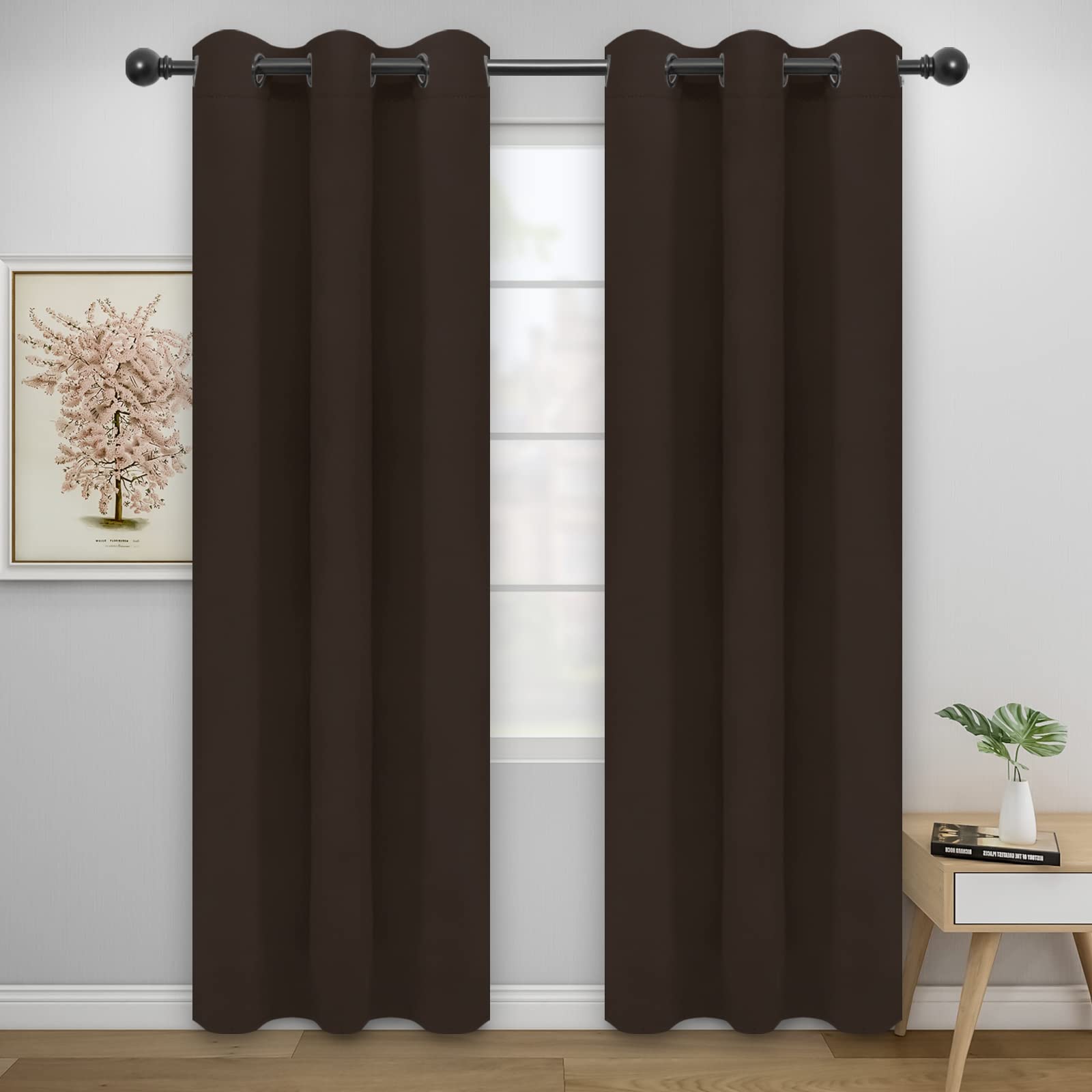 Easy-Going Blackout Curtains For Bedroom, Solid Thermal Insulated Grommet And Noise Reduction Window Drapes, Room Darkening Curtains For Living Room, 2 Panels(46X84 In, Dark Brown)