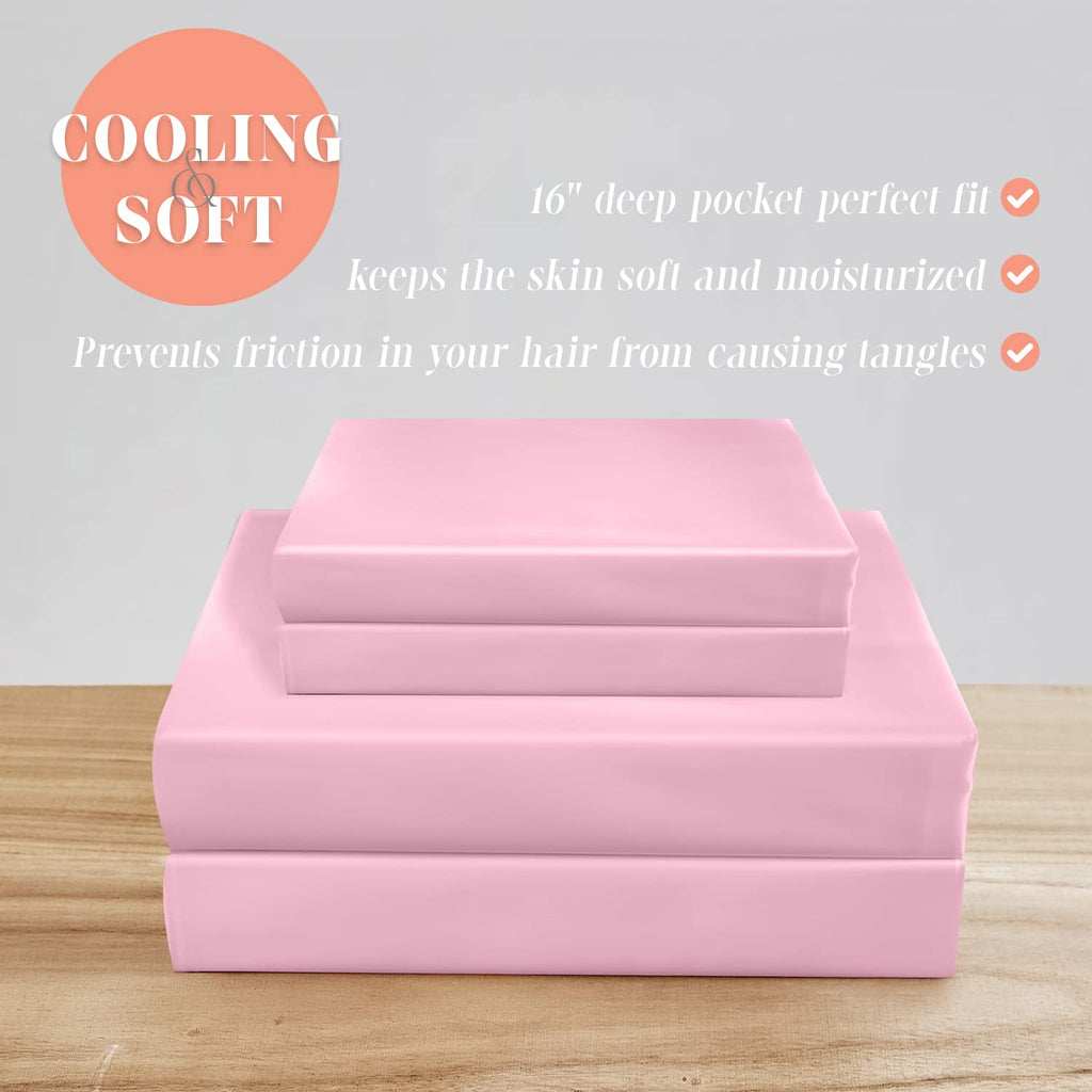 Elegant Comfort Luxurious 4-Piece Silky Satin Sheet Set, Skin And Hair Friendly, Wrinkle, Fade, Stain Resistant With Deep Pockets Fitted Sheet, Cooling Soft Satin Sheet Set, Queen, Light Pink