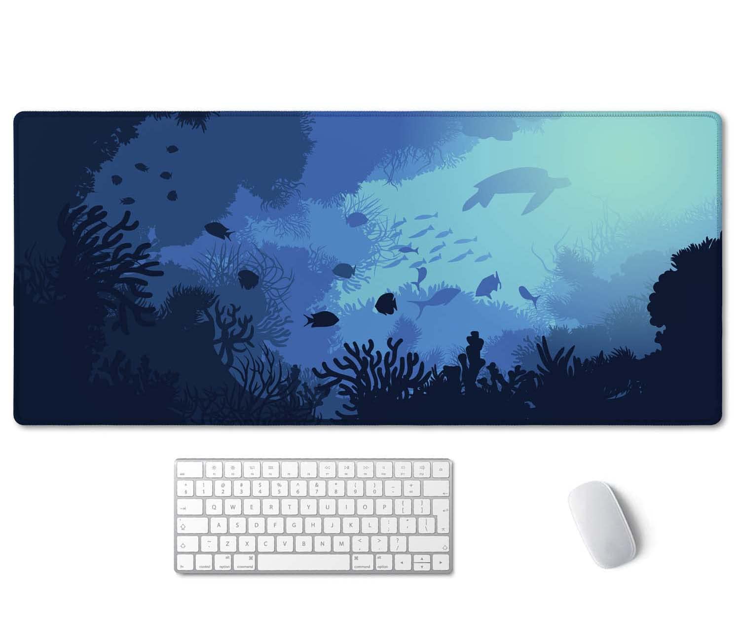 Ssoiu Blue Ocean Big Turtle Desk Mat, Under The Sea Peaceful Extra Large Desk Mat, Extended Mouse Pad Cute, Gaming Desk Mat 35.5