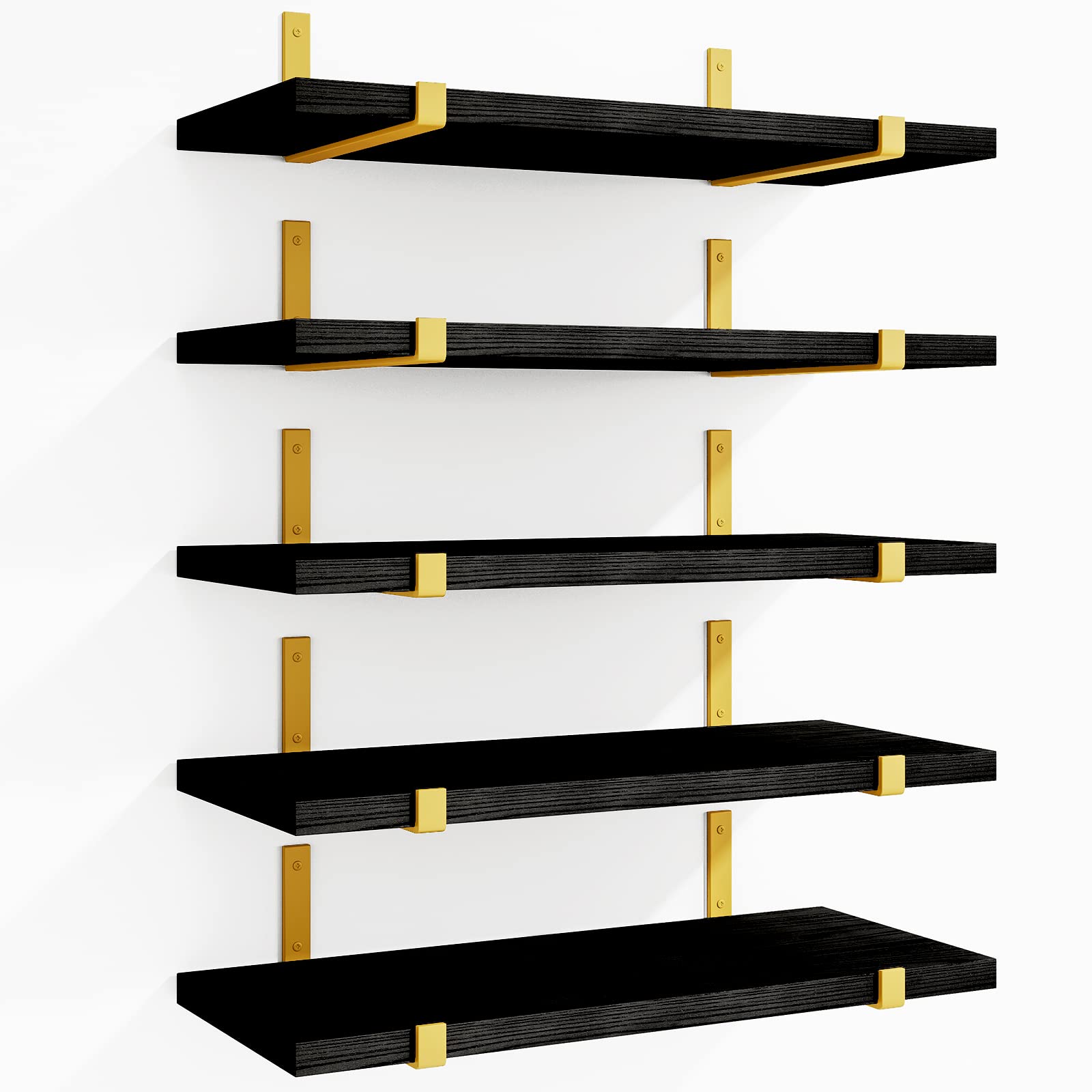 Fixwal Floating Black Gold Shelves Set of 5, Width 4.7 Inches Wall Shelves, Rustic Wood Wall Storage Shelves for Bedroom, Living