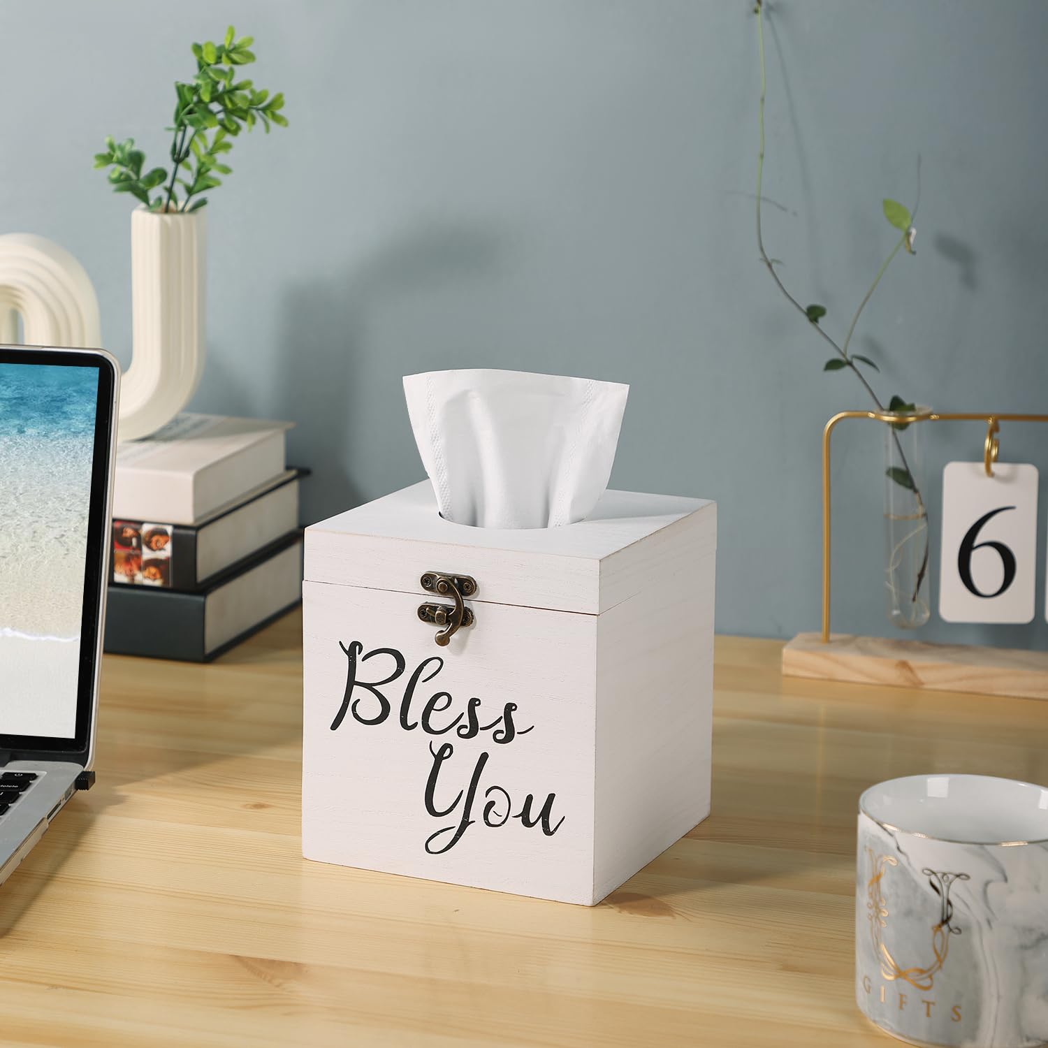 Jorikchuo Bless You Tissue Box Cover, Set Of 2 Wood Tissue Box Cover Square, Farmhouse Toilet Paper Holder (Classic White)