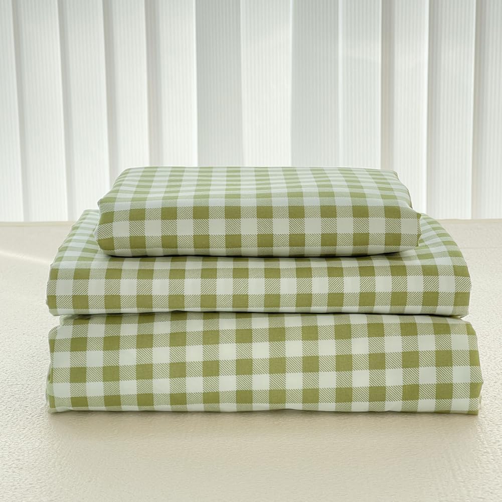 Nsnlgsgc Sage Green Gingham Full Sheet Set, Soft Brushed Microfiber Plaid Full Bed Sheets, 4-Pieces Grid Sheet Set With Deep Poc