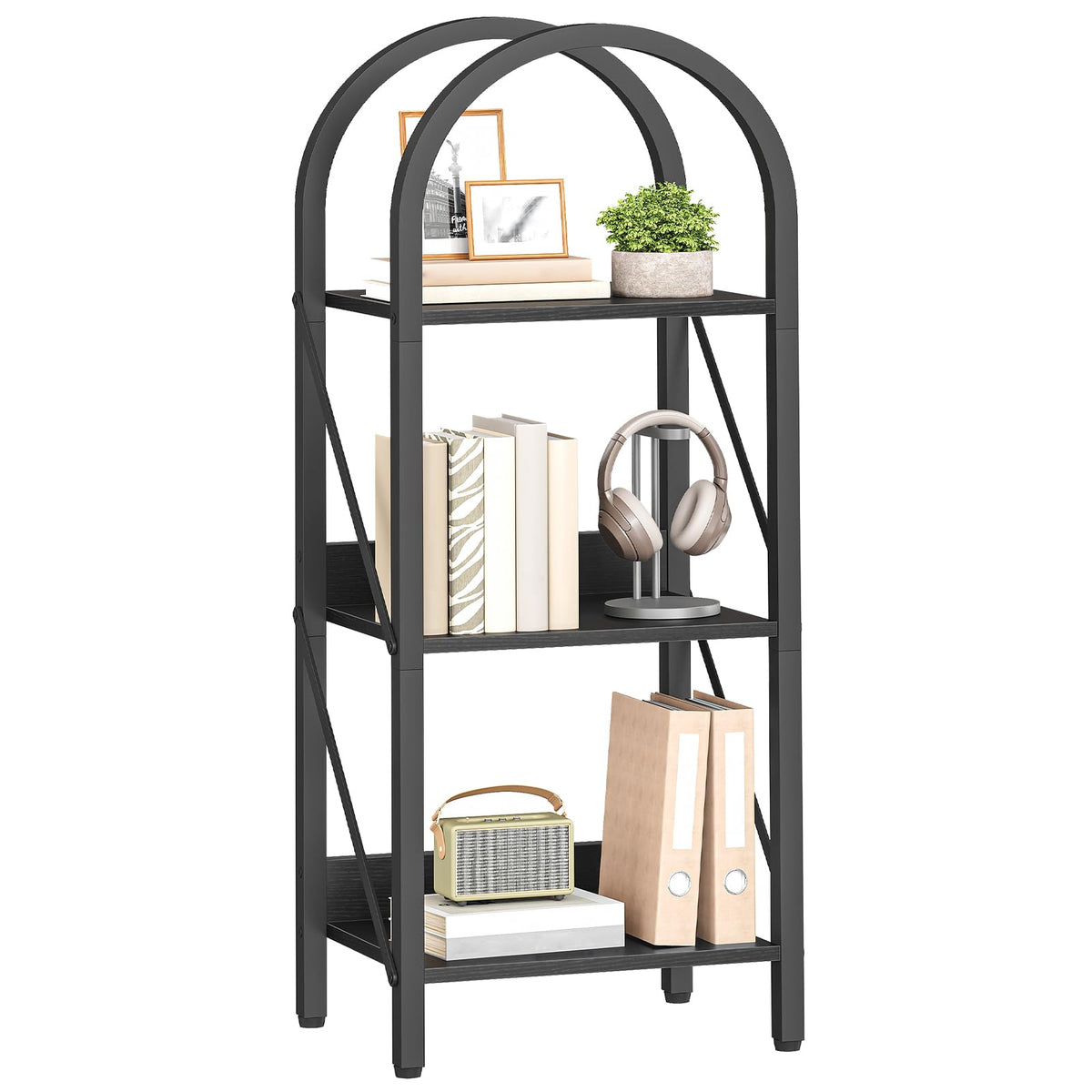 HOOBRO Bookshelf, 3Tier Arched Bookshelf, Industrial Bookcase with Metal Frame, Book Shelf Storage Organizer for Living Room, O