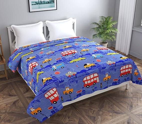Kitch Deco Glace Cotton Printed Reversible Kids Double Bed & Kids Comforter/Dohar/Quilt, 200 GSM (90x100Inch) Blue Traffic