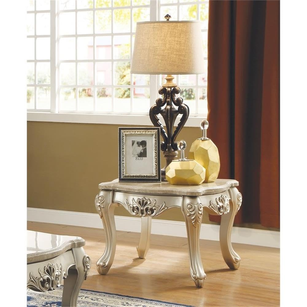 Acme Ranita Marble Top End Table with Carved Floral Champagne