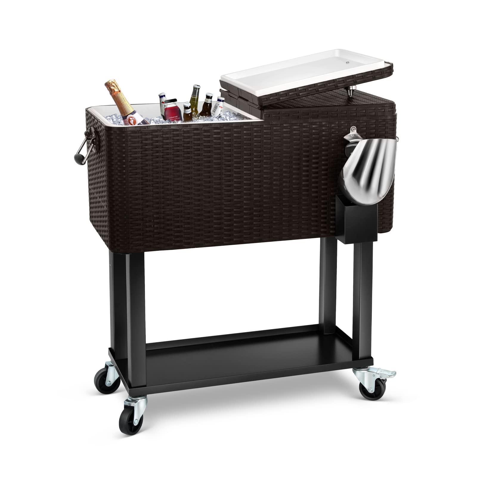 Edostory 80 Quart Rattan Rolling Ice Chest Cooler Cart,Patio Backyard Party Drink Beverage Bar Stand Up Cooler Trolley With Ice