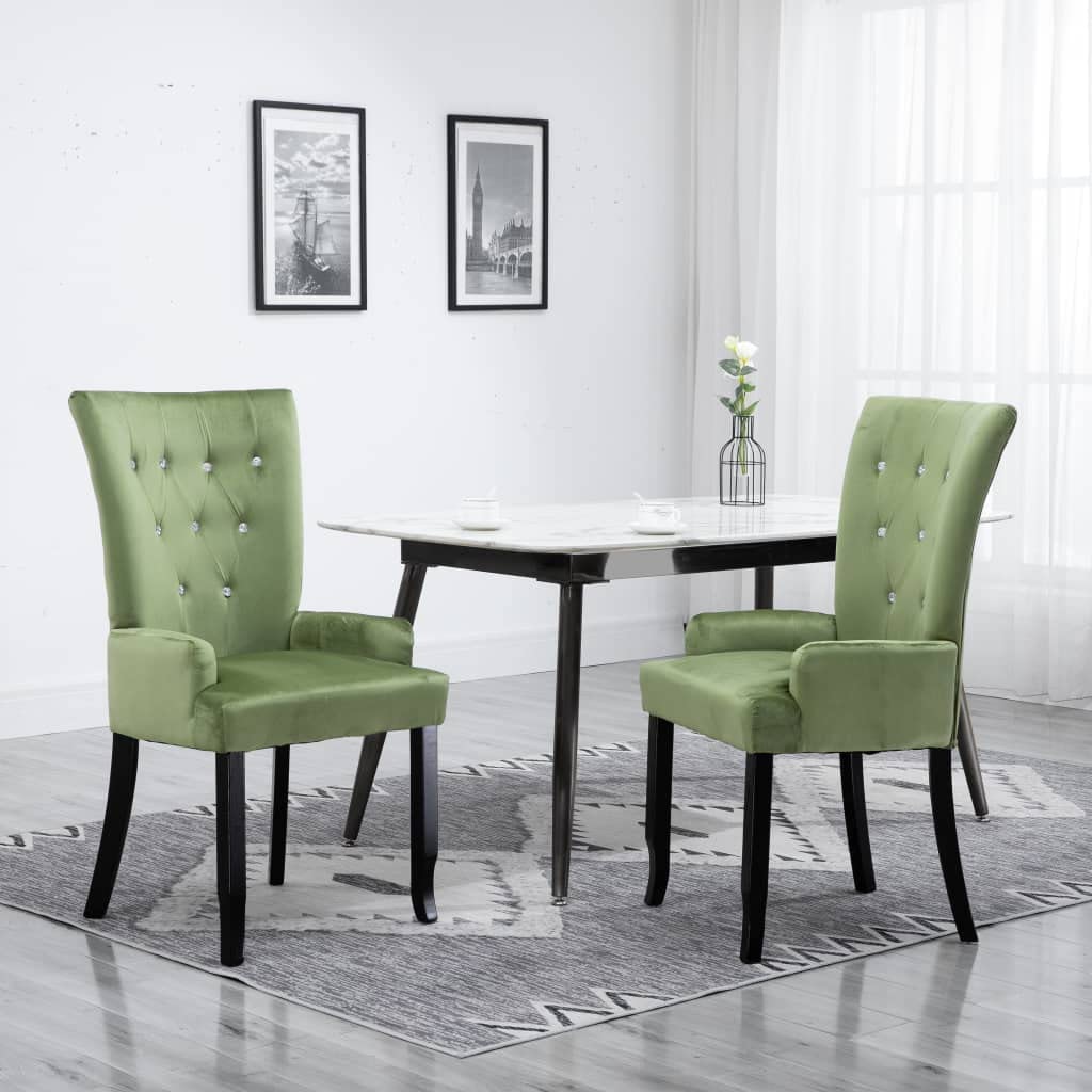 vidaXL Velvet Dining Chairs with Armrests and Crystal Details in Light Green, Set of 2, Upholstered in Soft Velvet, Strong Oak Wood Frame, Modern Design