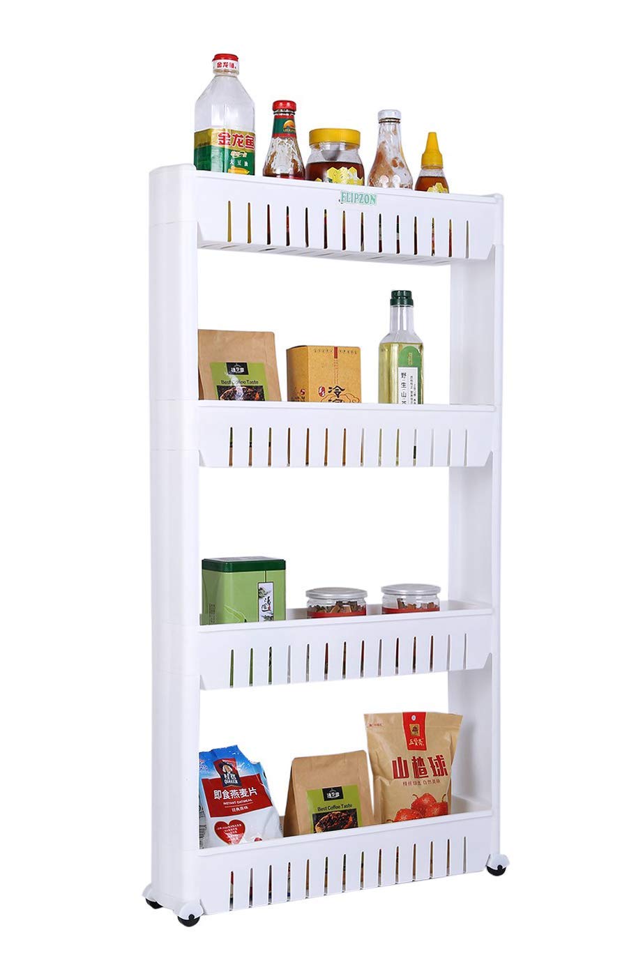Bagrino Slim Rolling Storage Rack  4Tiered Shelf Plastic SlideOut Organizer For Kitchen, Bathroom, Laundry, Pantry & Utility 