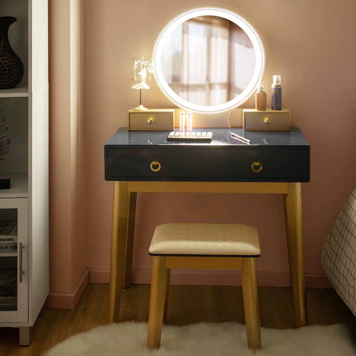 Charmaid Vanity Desk With Lighted Mirror, Black Makeup Vanity Table With 4 Storage Drawers, 3 Lighting Modes, Solid Wood Legs, Modern Dressing Table With Vanity Stool For Small Bedroom
