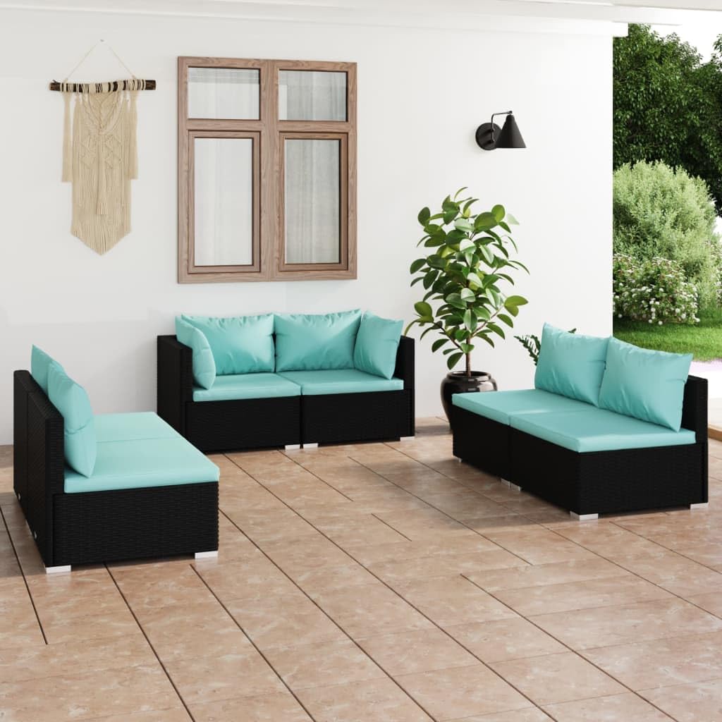 vidaXL Patio Lounge Set (6 Piece) - Made of Poly Rattan in Black, Cushions Included - Modular Design, Sturdy Steel Frame, Water-Resistant