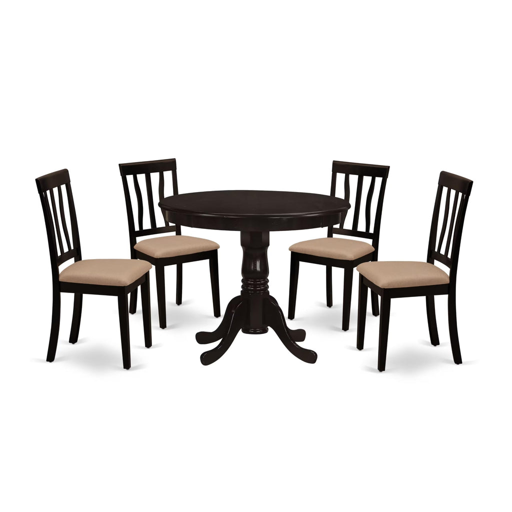 East West Furniture ANTI5-CAP-C 5 Piece Kitchen Table & Chairs Set Includes a Round Dining Room Table with Pedestal and 4 Linen Fabric Upholstered Dining Chairs, 36x36 Inch, Cappuccino