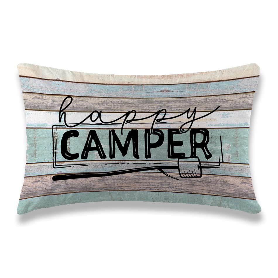 Happy Camper Throw Pillow Covers 12X20 Inch Camping Gifts Cushion Cases Soft Decorative Pillowcase For Sofa Bedroom Car Rv, Camp