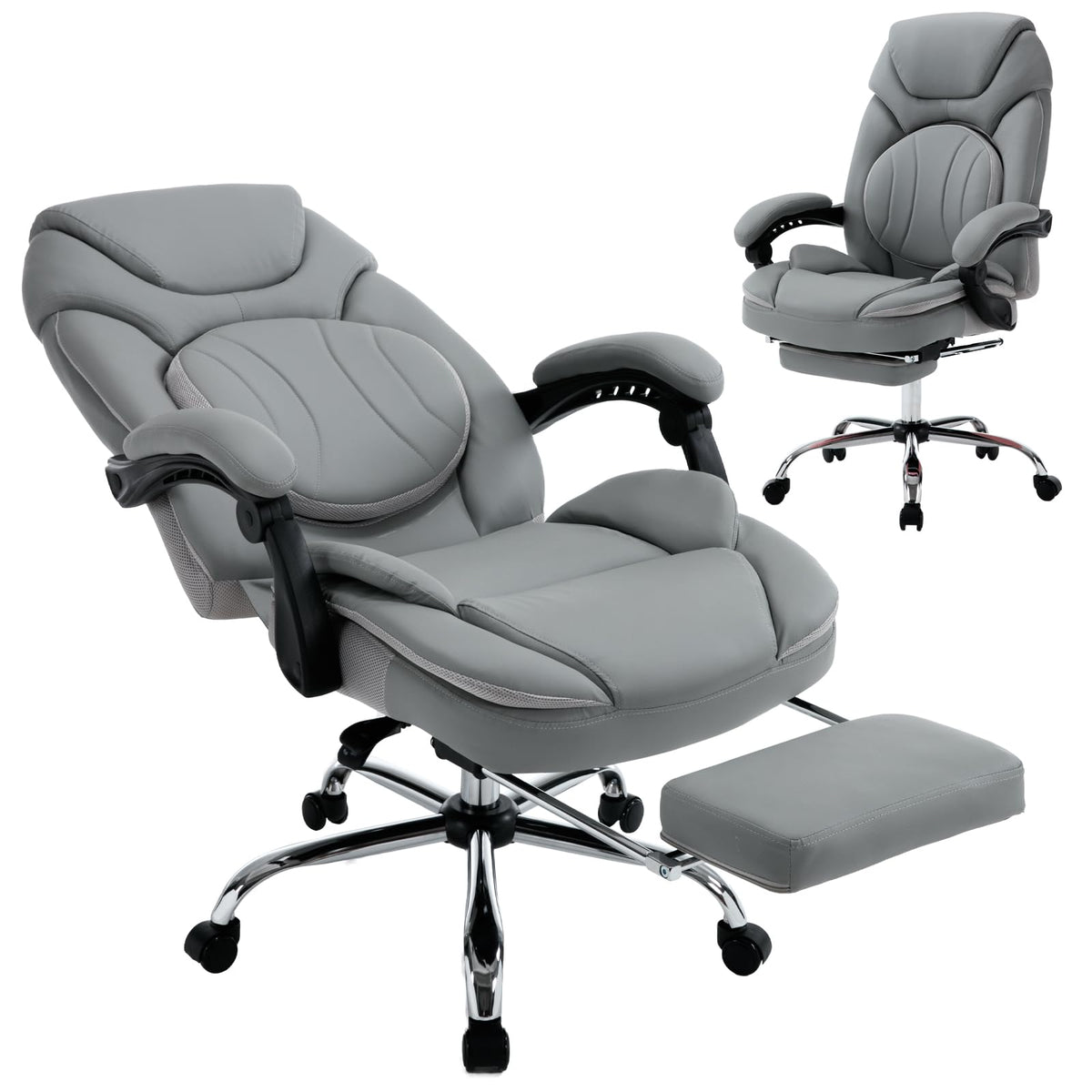 Linting Wide Seat Recliner Office Chairs With Lumbar Support Footrest Pu Leather Reclining Office Desk Chair With Wheels For Wom