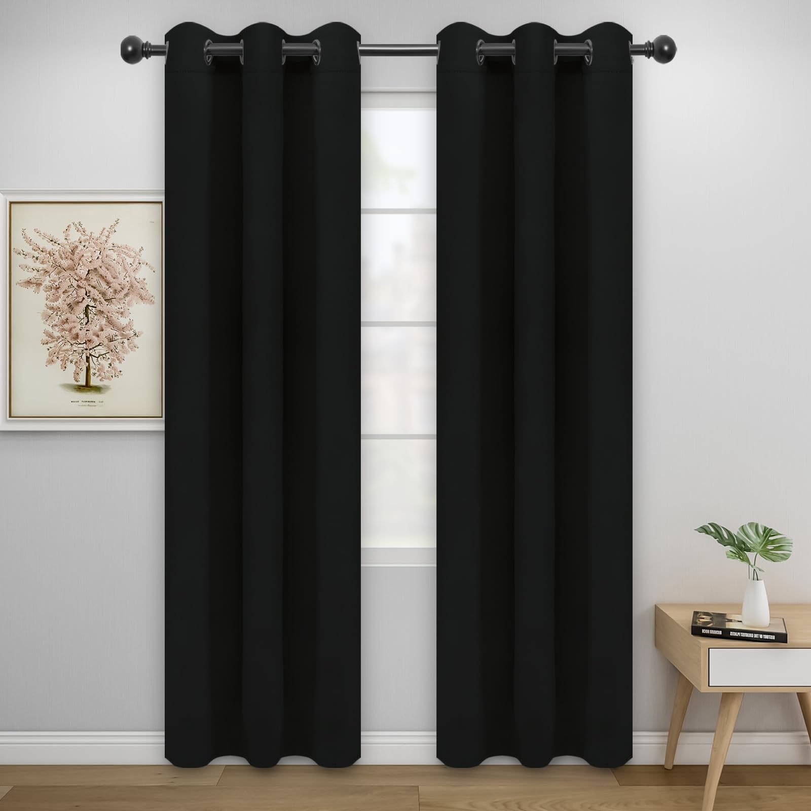 Easy-Going Blackout Curtains For Bedroom, Solid Thermal Insulated Grommet And Noise Reduction Window Drapes, Room Darkening Curtains For Living Room, 2 Panels (34X72 In, Black)