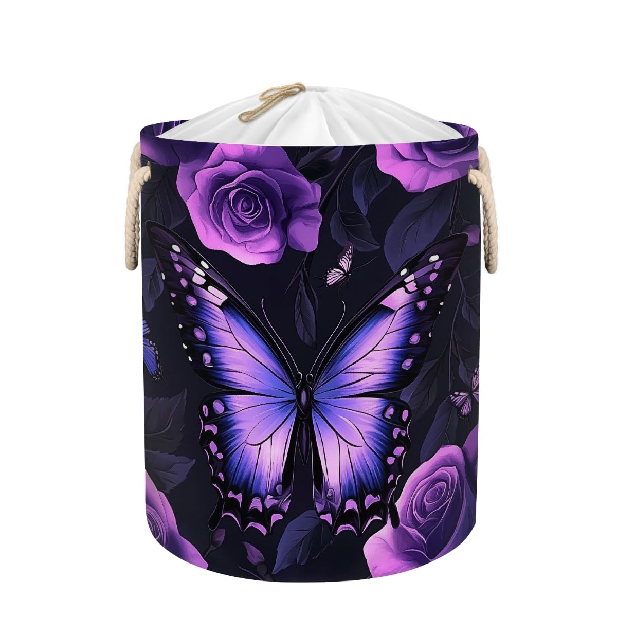Laundry Hamper 70L Collapsible Laundry Basket for Blankets, Dirty Clothes Hamper (Purple Rose Butterfly)