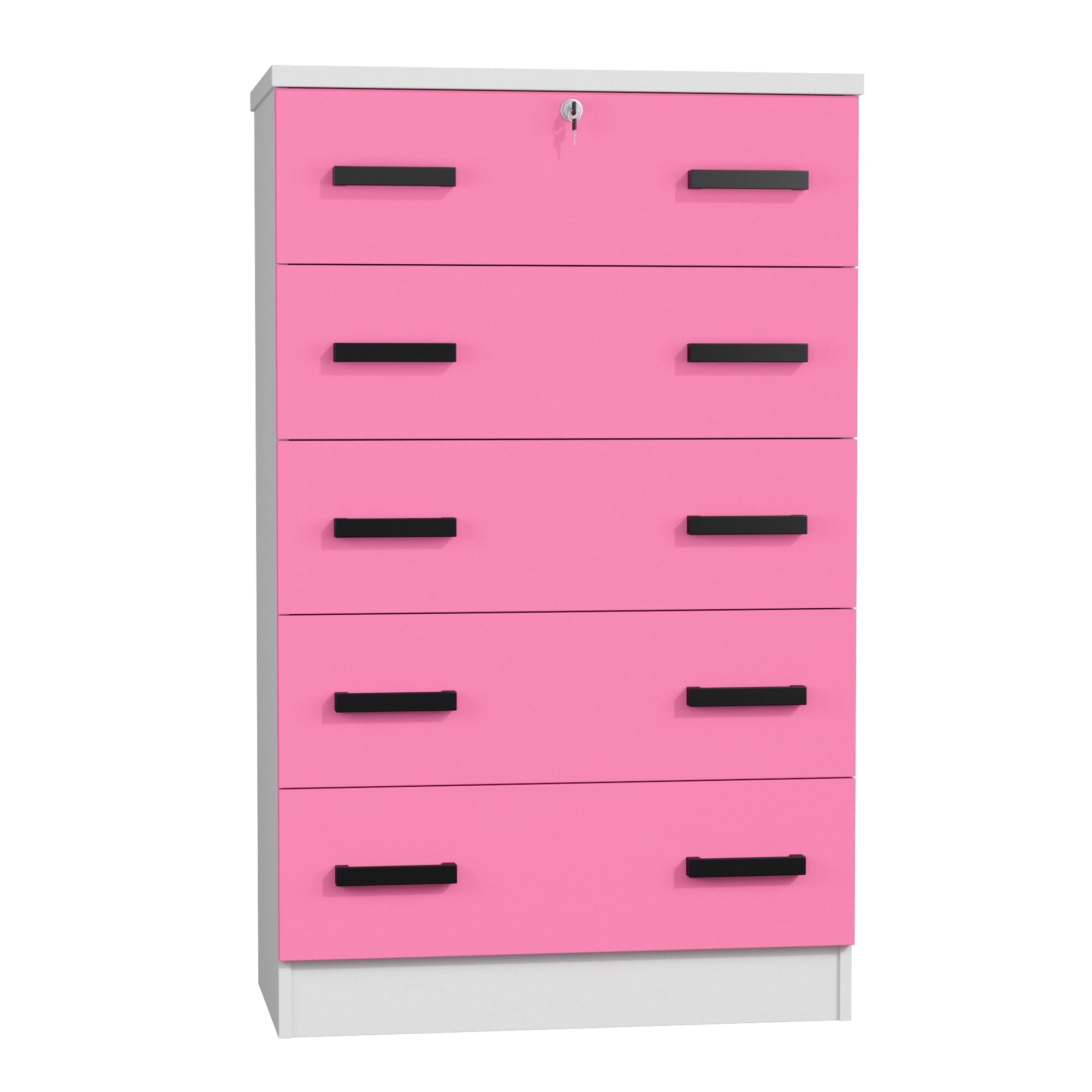 Cindy 5 Drawer Chest Wooden Dresser with Lock (White and Pink)