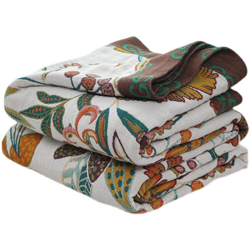 Boho Throw Blanket for Bed 80   x90   , 100% Cotton Woven Blanket for Couch Sofa, Ultra Soft 4-Layer Muslin Quilt with Vintage F