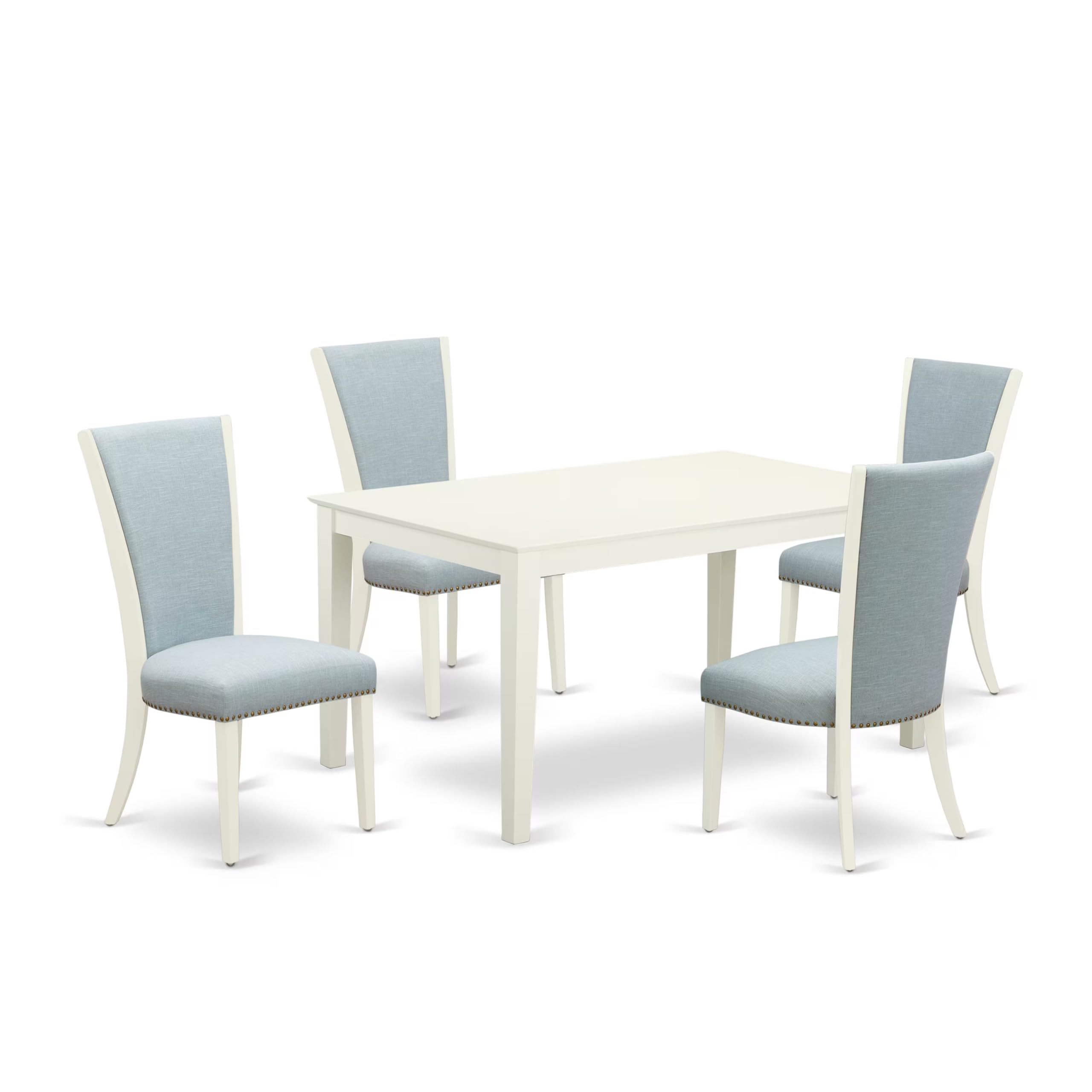 East West Furniture Cave5-Lwh-15 5 Piece Dining Room Table Set Includes A Rectangle Kitchen Table And 4 Baby Blue Linen Fabric Parsons Dining Chairs, 36X60 Inch, Linen White