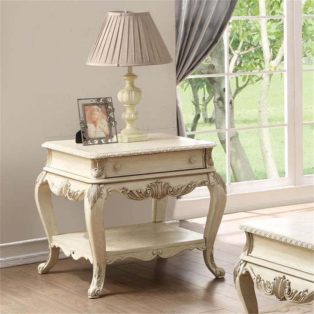 Acme Ragenardus 1 Drawer Wooden End Table With Bottom Shelf In Antique White