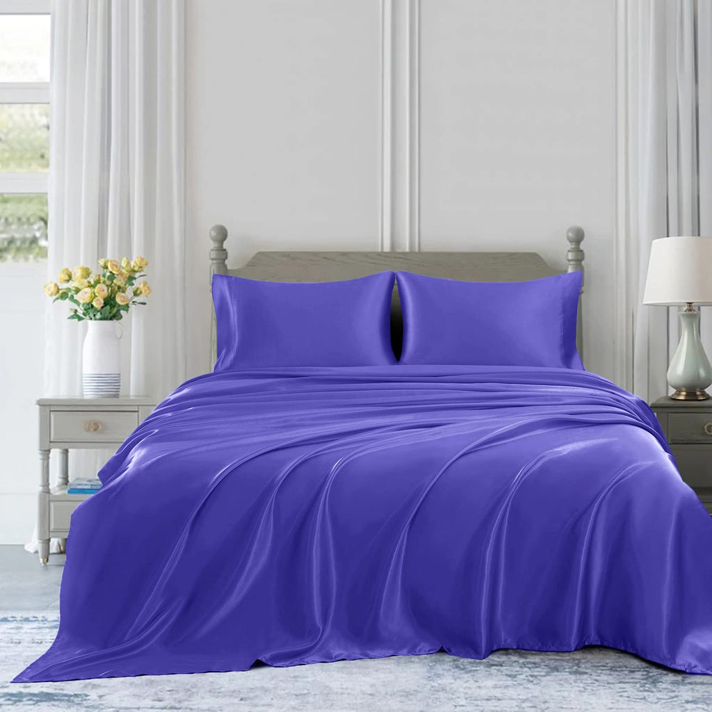 Homiest 4Pcs Satin Sheets Set Luxury Silky Satin Bedding Set With Deep Pocket, 1 Fitted Sheet + 1 Flat Sheet + 2 Pillowcases (King Size, Periwinkle Blue)