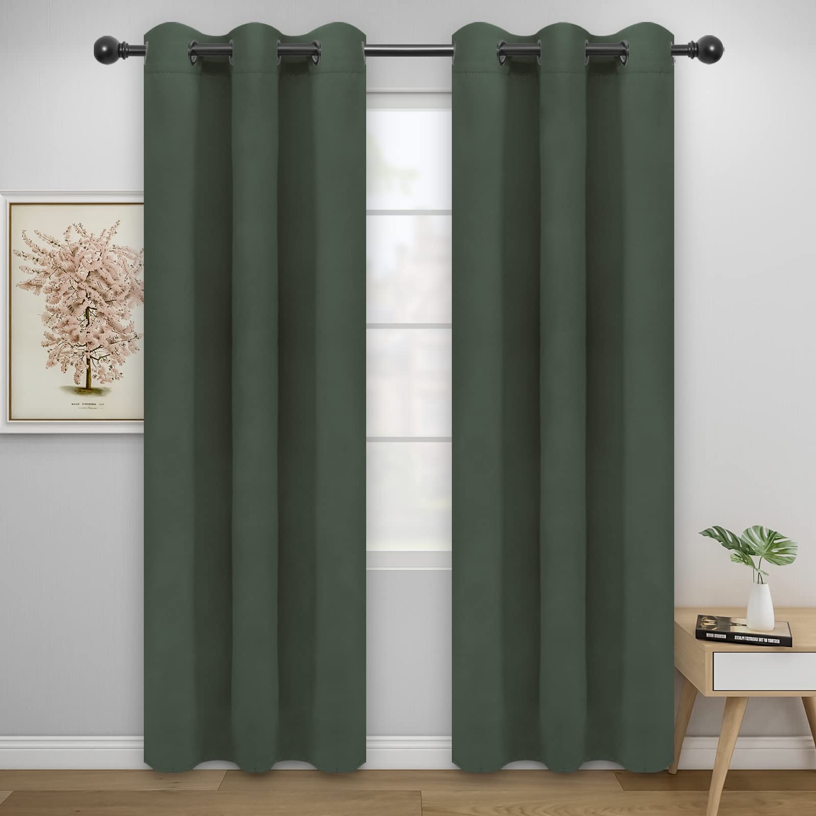 Easy-Going Blackout Curtains For Bedroom, Solid Thermal Insulated Grommet And Noise Reduction Window Drapes, Room Darkening Curtains For Living Room, 2 Panels(46X84 In, Greyish Green)