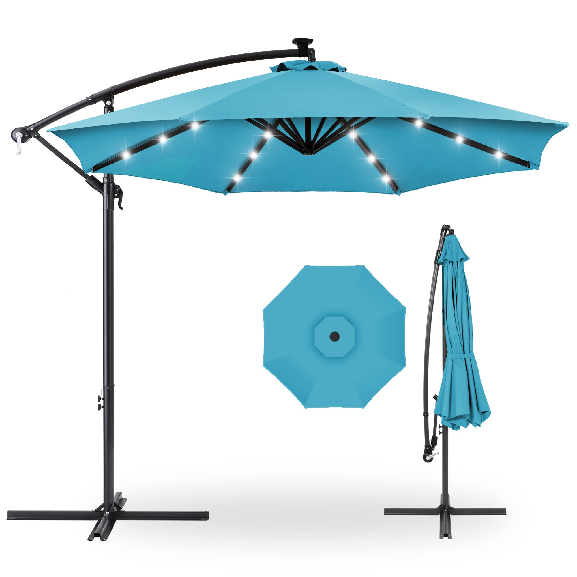 Best Choice Products 10ft Solar LED Offset Cantilever Hanging Market Patio Umbrella, 8 Sturdy Ribs, Easy Adjustment - Sky Blue