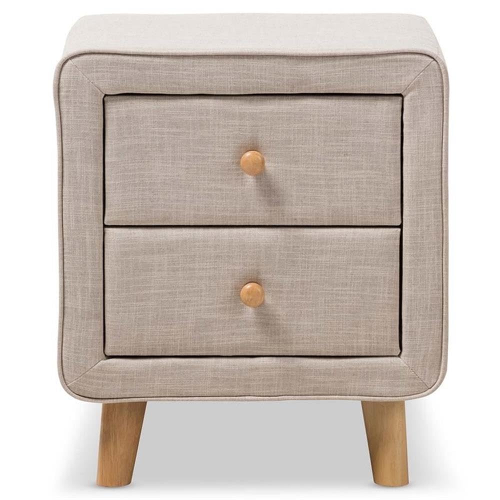 Baxton Studio Jonesy Mid-Century Beige Linen Upholstered 2-Drawer Nightstand