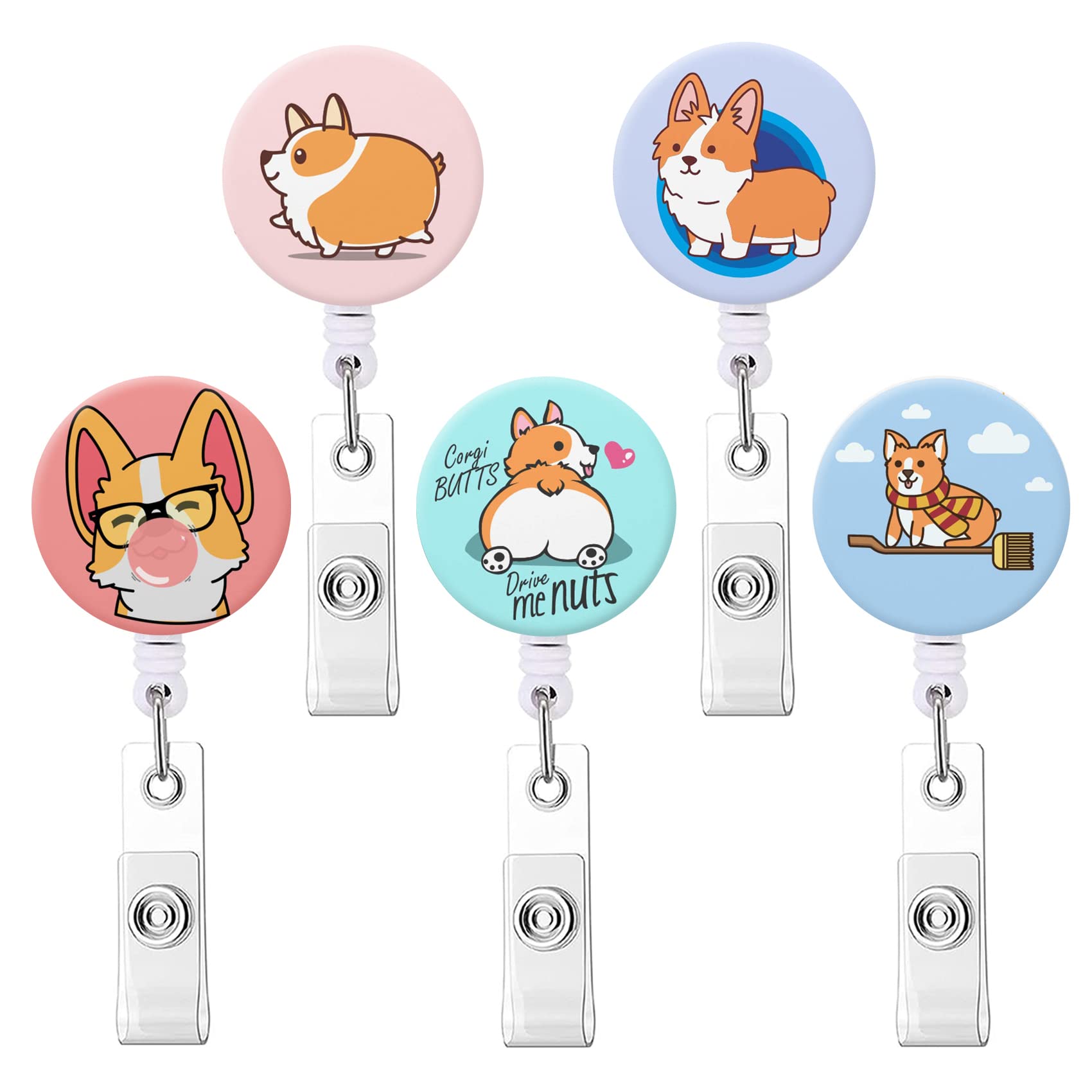 Badge Reel Retractable Nurse Badge Holder Cute Name Decorative Badge Reels With Clip On Id Card Holders (5 Pack Funny Dog)