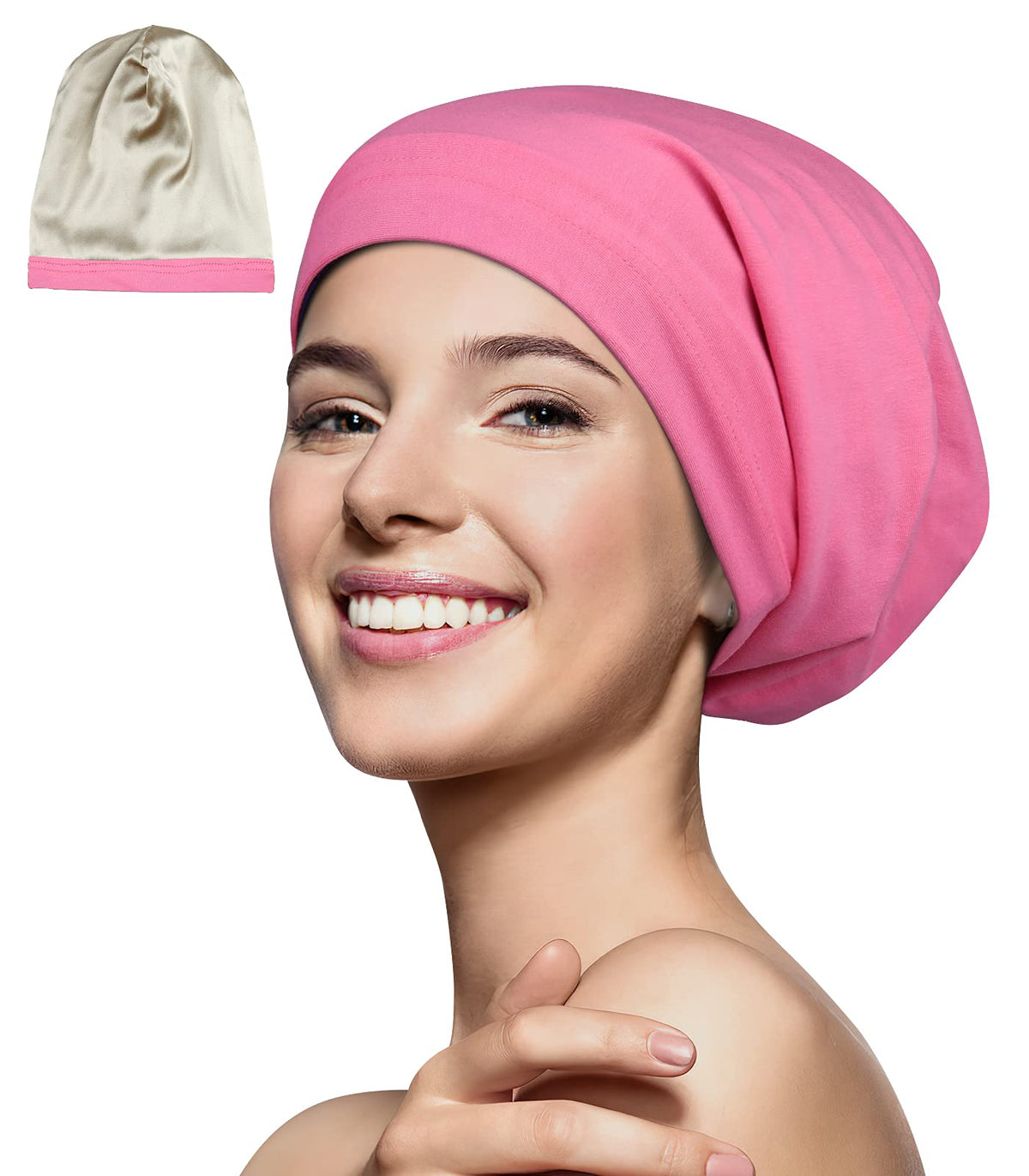 Slap Cap for Women 100 Silk Satin Night Hair Sleeping Adjustable Cotton Peach