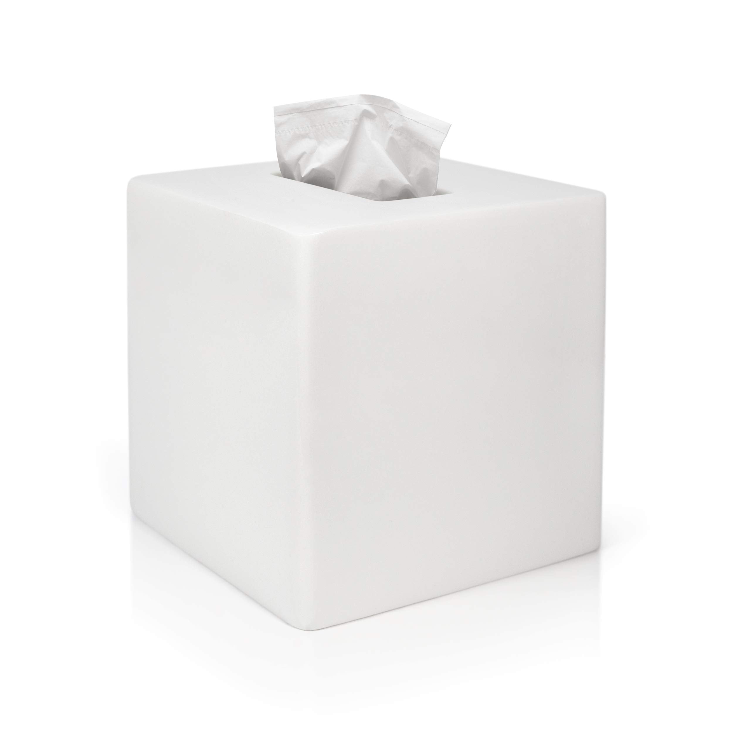 bUnusual White Tissue Box Cover - Modern Tissue Holder, Lacquer High Gloss Finish & Rounded Edges - Cube Square Box. Bathroom, D