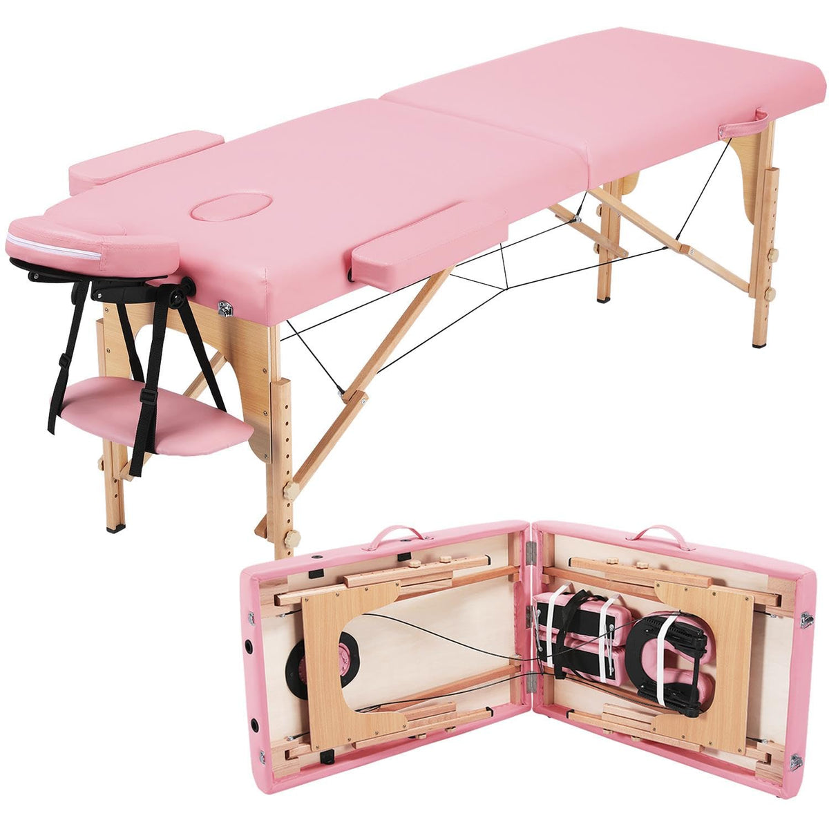 Yaheetech Spa Bed Portable Lash Bed Massage Bed Foldable Spa Tables Adjustable 2 Fold with Non-Woven Bag 24 inch, Pink