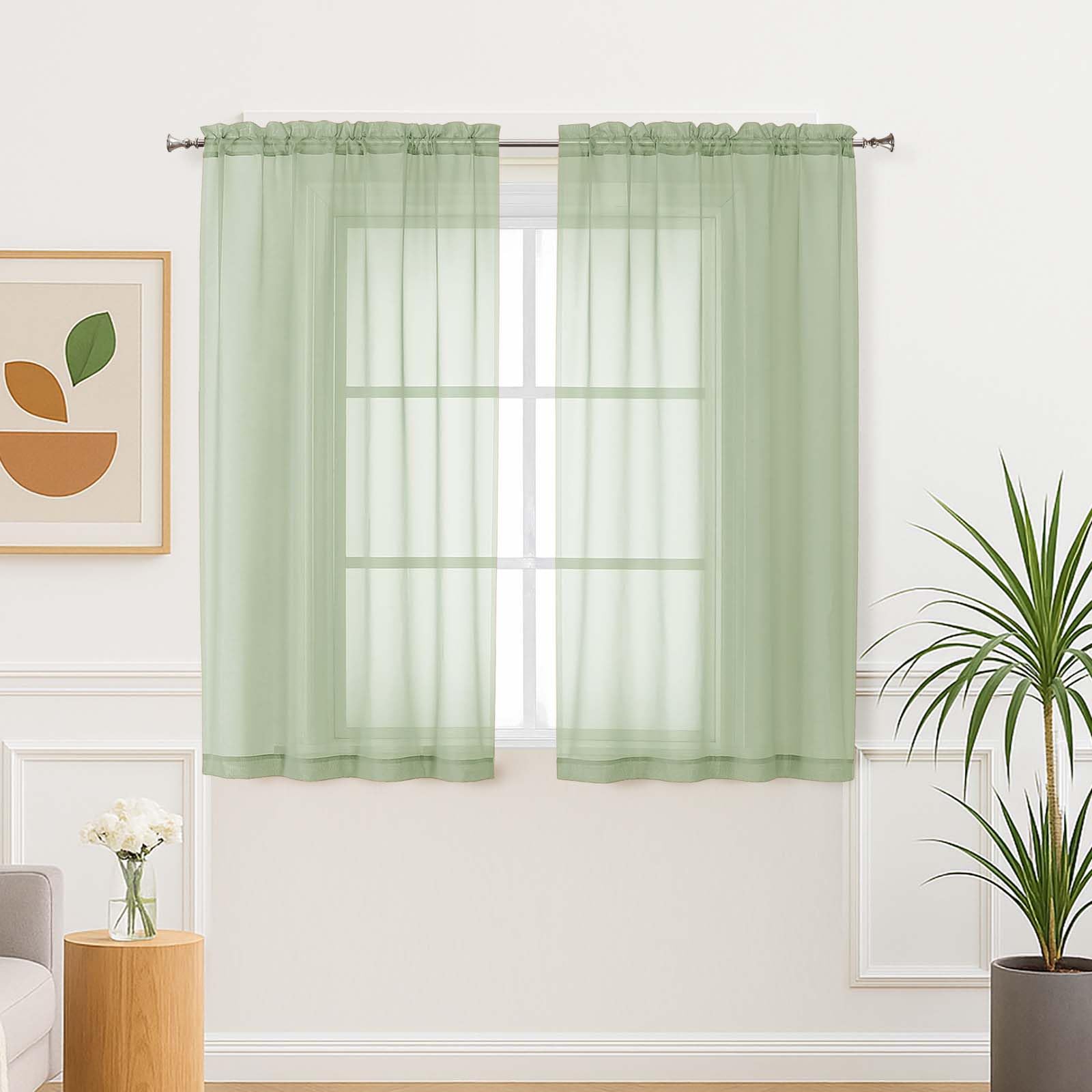 Aiyufeng Light Green Sheer Curtains 54 Inch Length 2 Panels Set for Living Room, Light Filtering Green Window Sheers Drapes for 