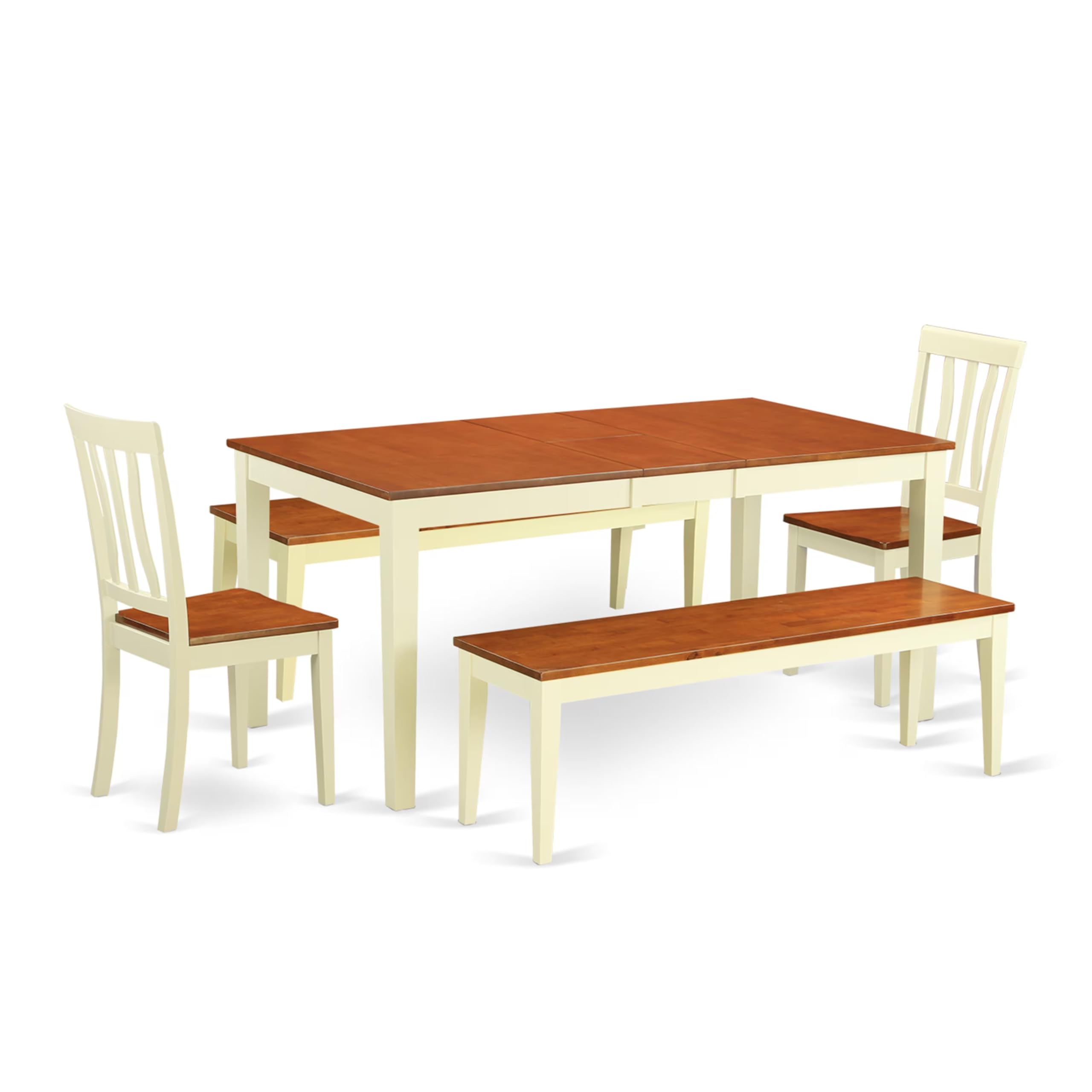 East West Furniture NIAN5N-WHI-W 5 Piece Dining Table Set for 4 Includes a Rectangle Kitchen Table with Butterfly Leaf and 2 Dining Chairs with 2 Benches, 36x66 Inch, Buttermilk & Cherry