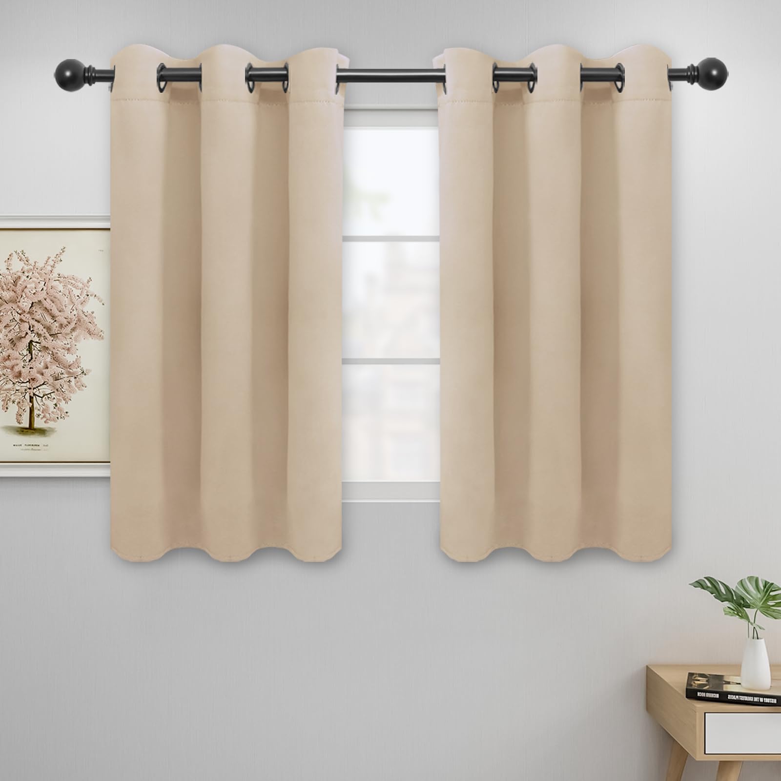 Easy-Going Blackout Curtains For Bedroom, Solid Thermal Insulated Grommet And Noise Reduction Window Drapes, Room Darkening Curtains For Living Room, 2 Panels (42X45 In, Beige)