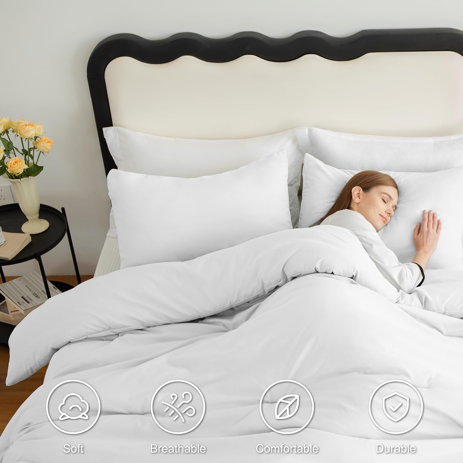 Cozylux White Comforter Set Full Size, 3 Pieces Solid Breathable Quilted Boho Style Bedding Sets, Luxury Fluffy Soft Microfiber Comforter For All Season(1 Comforter & 2 Pillowcases)