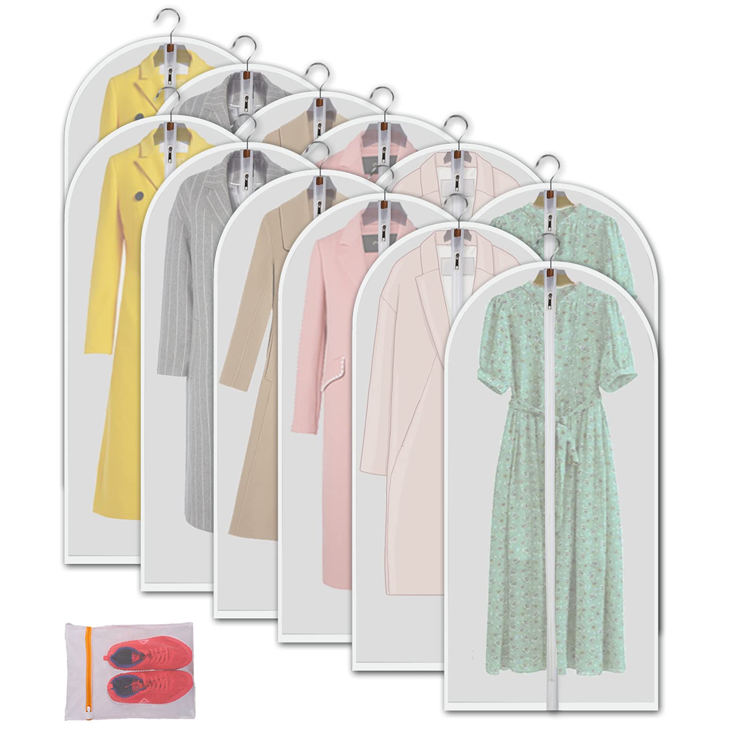 MsKitchen Clear Garment Bags Hanging Clothes Bags (Set of 12) for Closet Storage Plastic Bag with Zipper for Suit, Sweaters Trav