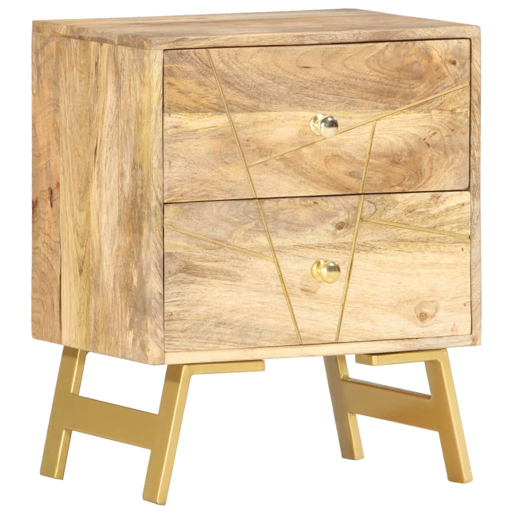 vidaXL Solid Mango Wood Bedside Cabinet - Versatile and Refined, with Spacious Drawers and Brass Steel Legs, Perfect for Any Living Space