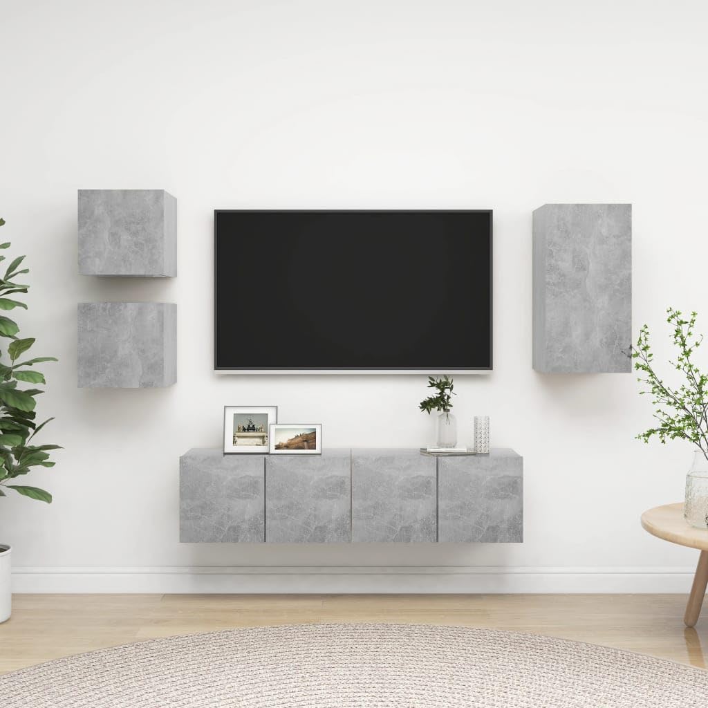 vidaXL TV Cabinet Set 5 Piece Home Indoor Hanging Wall-Mounted Stereo Plasma HiFi Cabinet TV Stand Unit Furniture Concrete Gray Engineered Wood