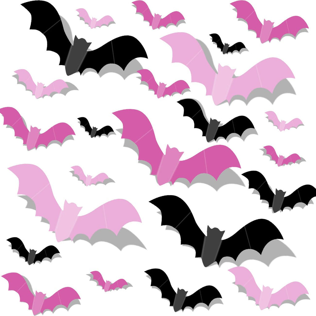 Pink Bats for Wall Halloween 3D Bats Blush and Black DIY Wall Decal Bathroom Indoor Cute Halloween Party Decorations, Pastel Hal