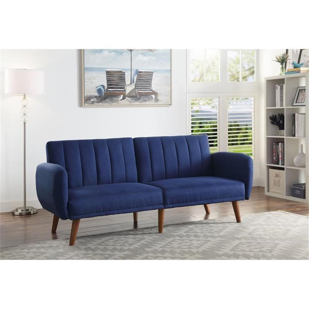 Acme Bernstein Linen Fabric Tufted Upholstery Adjustable Sofa in Blue and Walnut