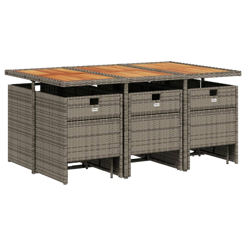 vidaXL 11 Piece Patio Dining Set with Cushions - Gray PE Rattan, Acacia Wood Tabletop, Foldable Chairs, and Stools - Ideal for Outdoor, Garden, and Patio