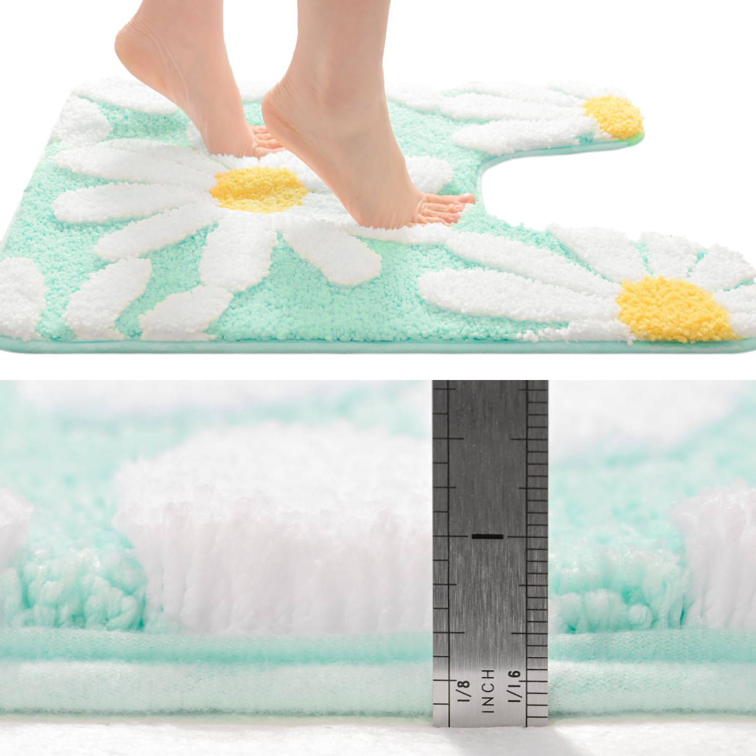 Qjhomo Toilet Rugs U Shaped, Green Toilet Mat Cute Daisy Contour Bath Rug 20''X24'', Extra Thick Soft Machine Washable Toilet Ca