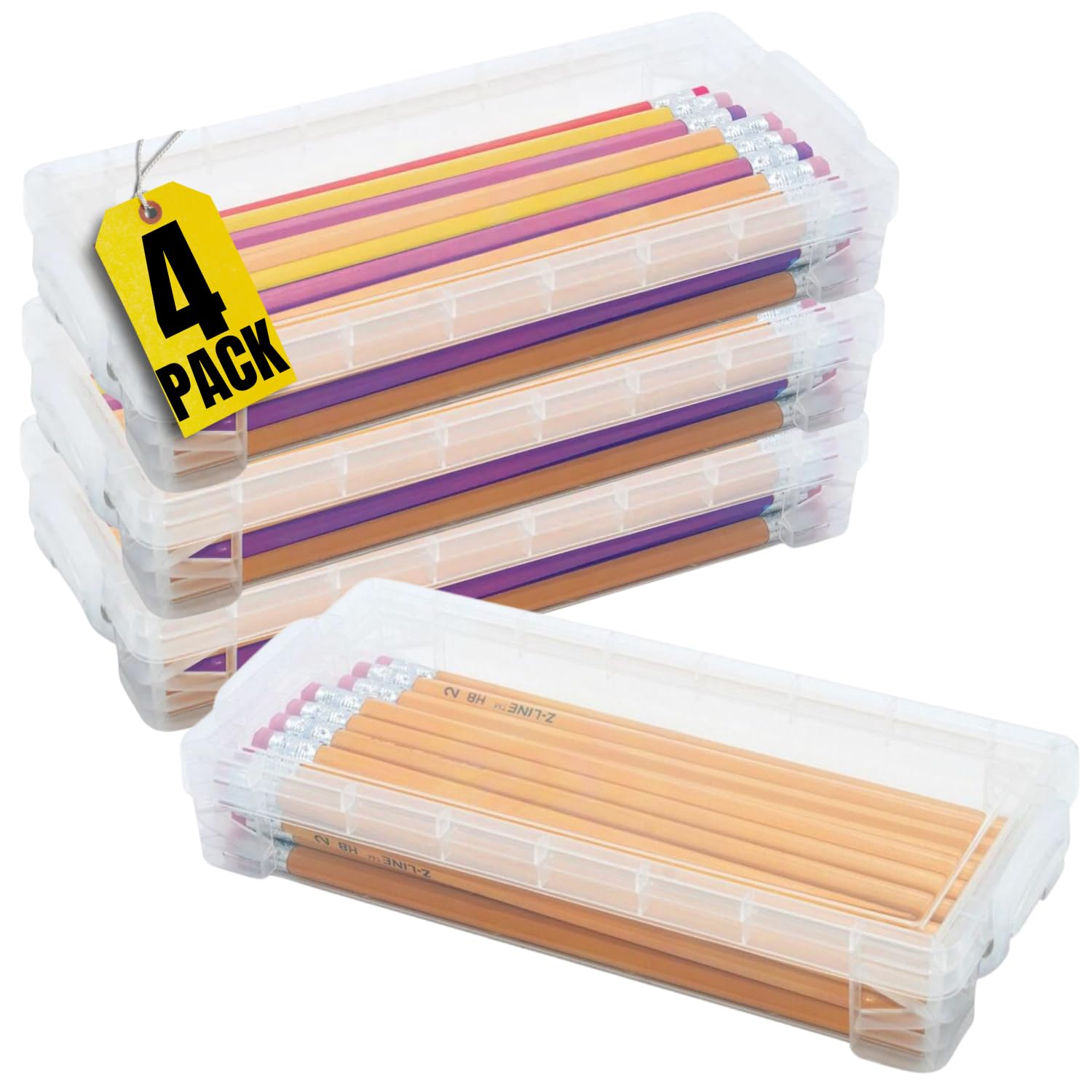 1Intheoffice Pencil Box, Stackable Translucent Clear 8.25 X 1.5 X 4 Inches, (4 Pack)