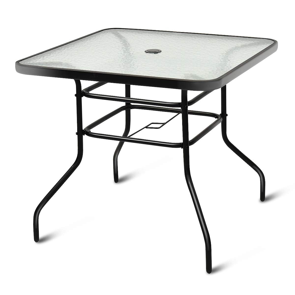 Tangkula Outdoor Dining Table With 2 Inches Umbrella Hole, 32 Inches Tempered Glass Top Square Patio Table, For Balcony, Backyard, Poolside And Sunroom
