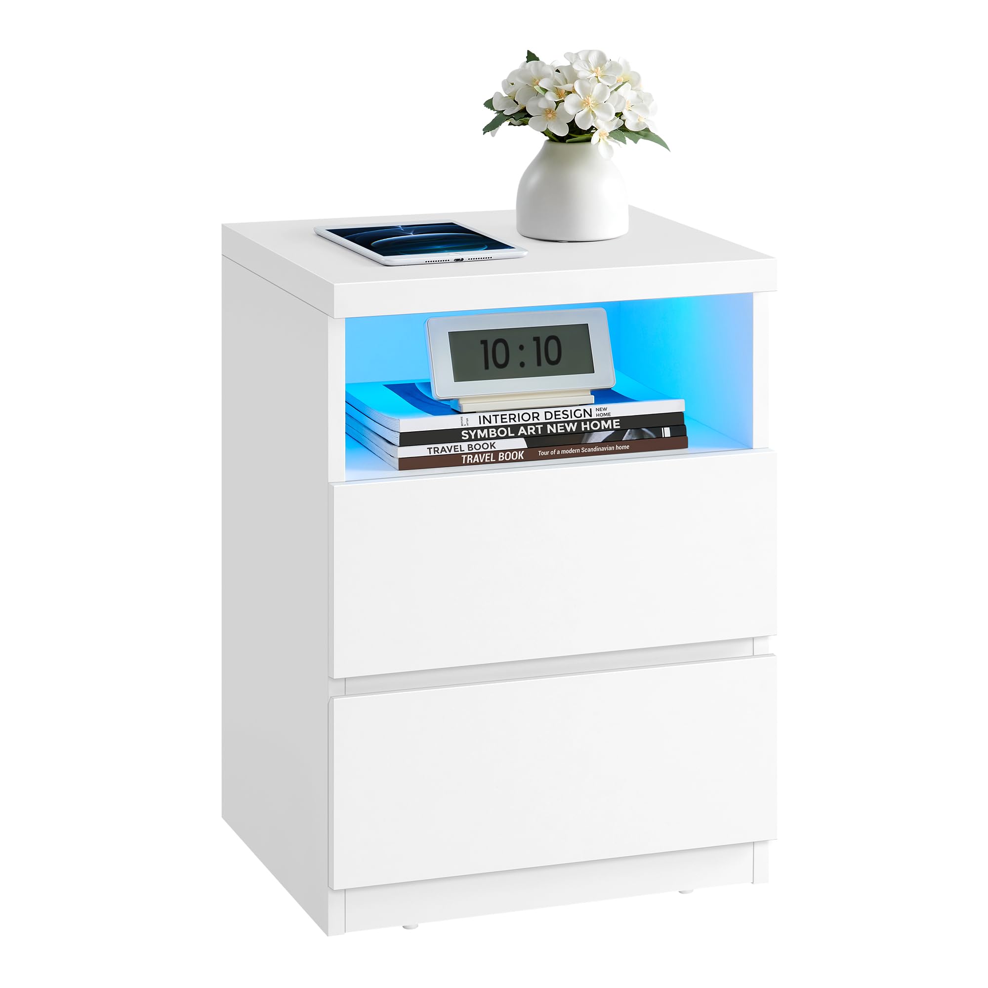 VASAGLE Nightstand with Adjustable LED Light, Bedside Table with Drawers, Side Table, for Bedroom, Modern Minimalist Style, Whit