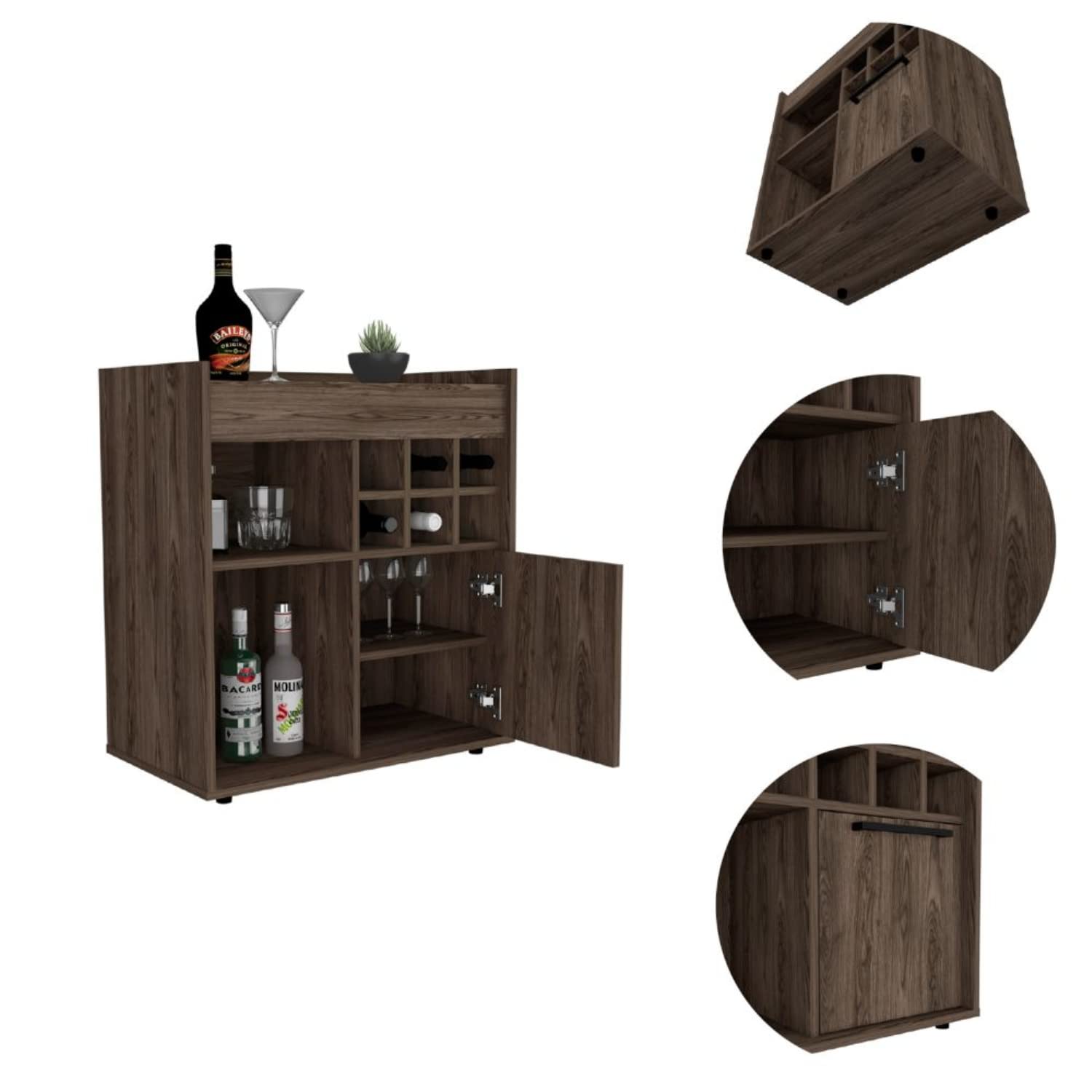 Bar- Coffee Cart 29"" H, Kitchen Or Living Room Cabinet Storage, with 6 Bottle Racks, A Central Shelf Covered by 1 Wood Door, Ideal for Storing Glasses and Snacks, Dark Walnut